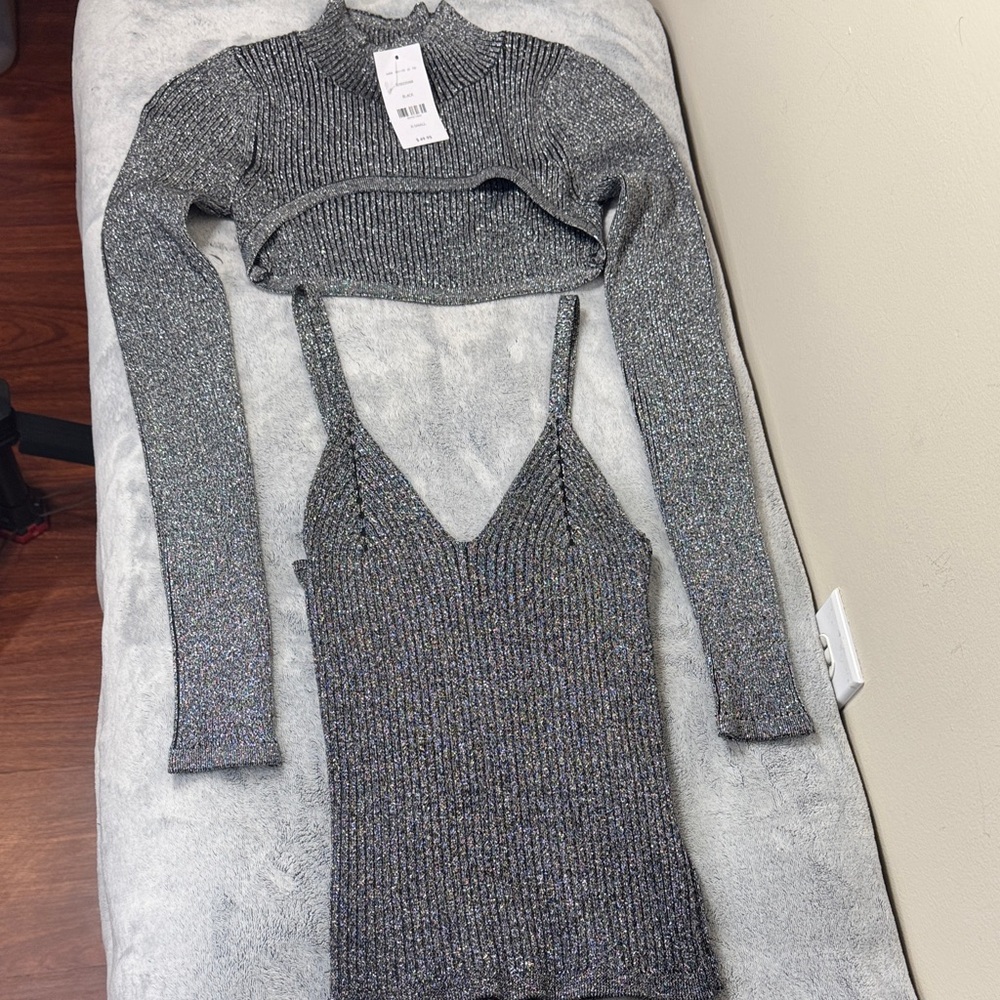 NWT Willow & Root Metallic Two Piece Tank Top Sweater Set • Black Shimmer • XS